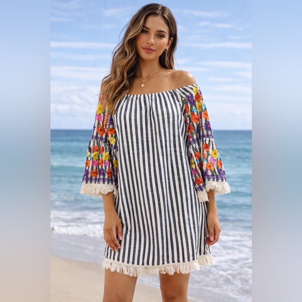 Velzera Embroidered Off Shoulder Boho Dress Large Striped Floral Tassel Sleeve